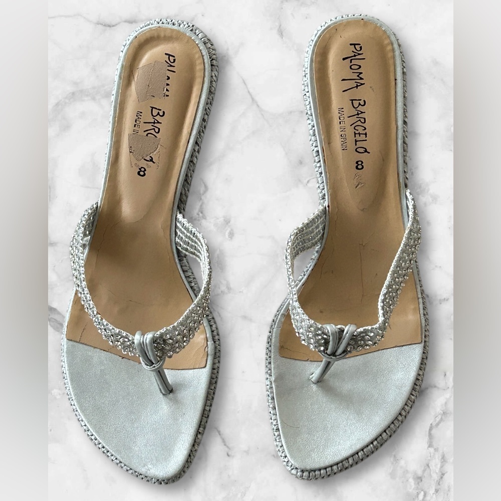 Paloma Barcelo Silver Rhinestone Thong Wedge Platform Sandals Euro 38 US Size 8 - Picture 6 of 12